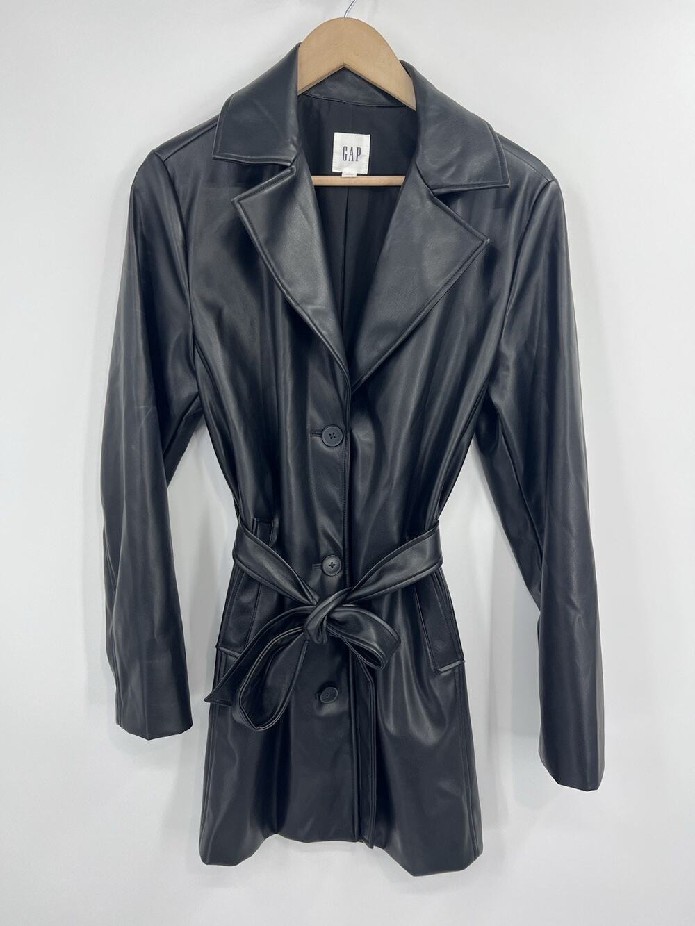 Gap Black Faux Leather Belted Trench Coat Small Capsule Wardrobe
